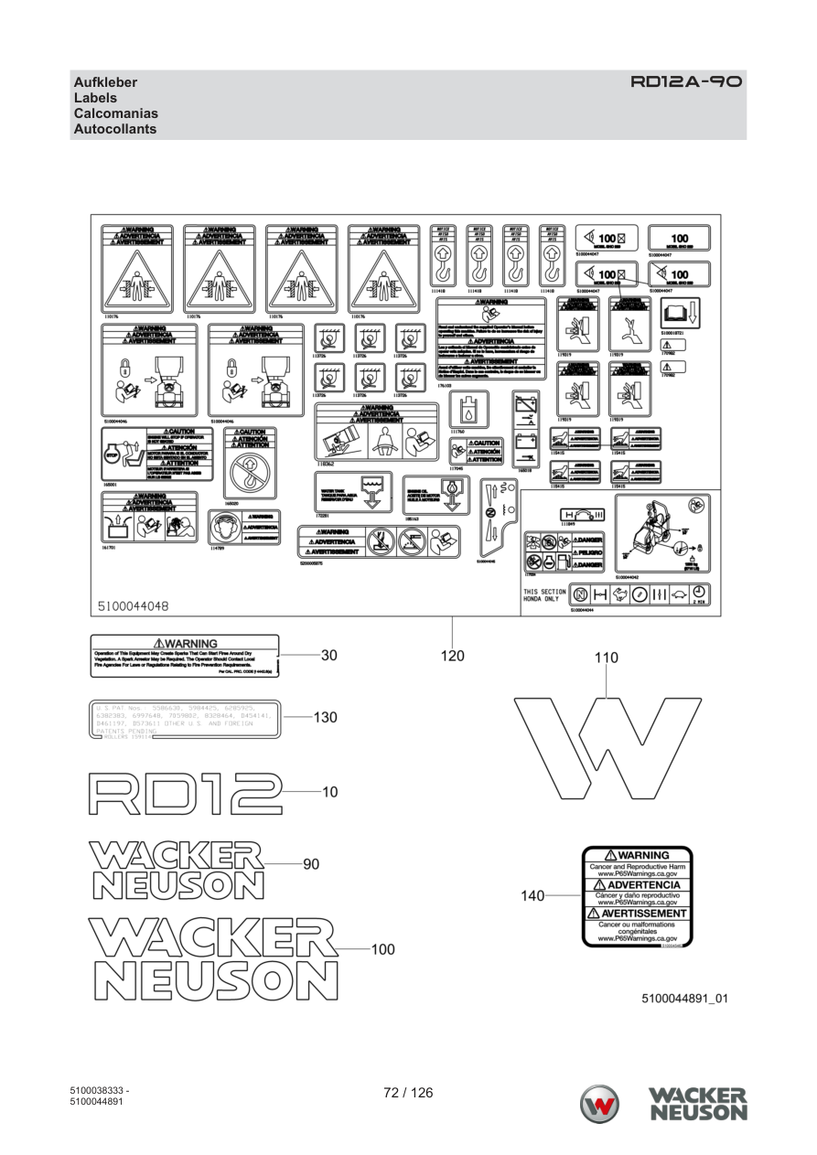 Wacker Neuson RD12 Roller RD12A-90 Aufkleber parts diagram