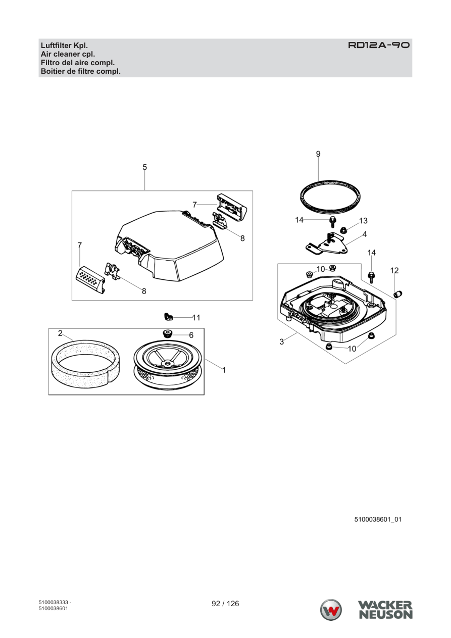 Wacker Neuson RD12 Roller RD12A-90 Luftfilter Kpl. parts diagram