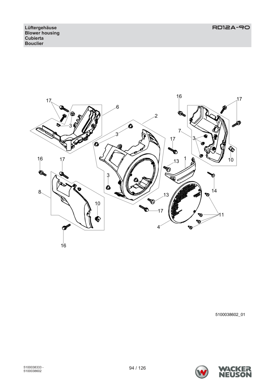 Wacker Neuson RD12 Roller RD12A-90 Lüftergehäuse parts diagram