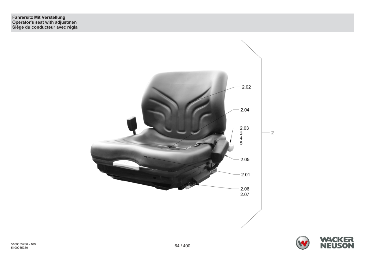 Wacker Neuson RD45-140 Roller Driver seat with adjustment parts diagram