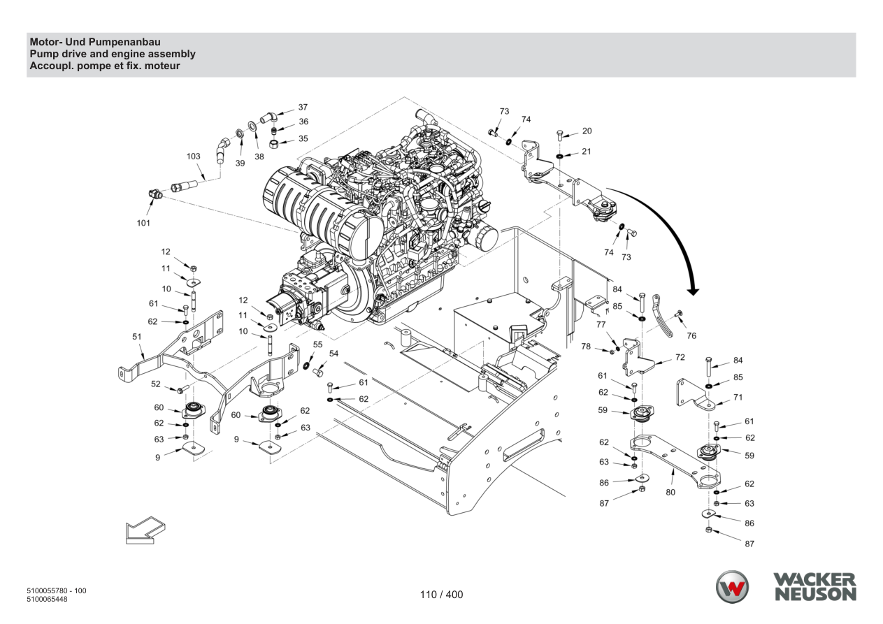 Wacker Neuson RD45-140 Roller Engine and pump assembly parts diagram