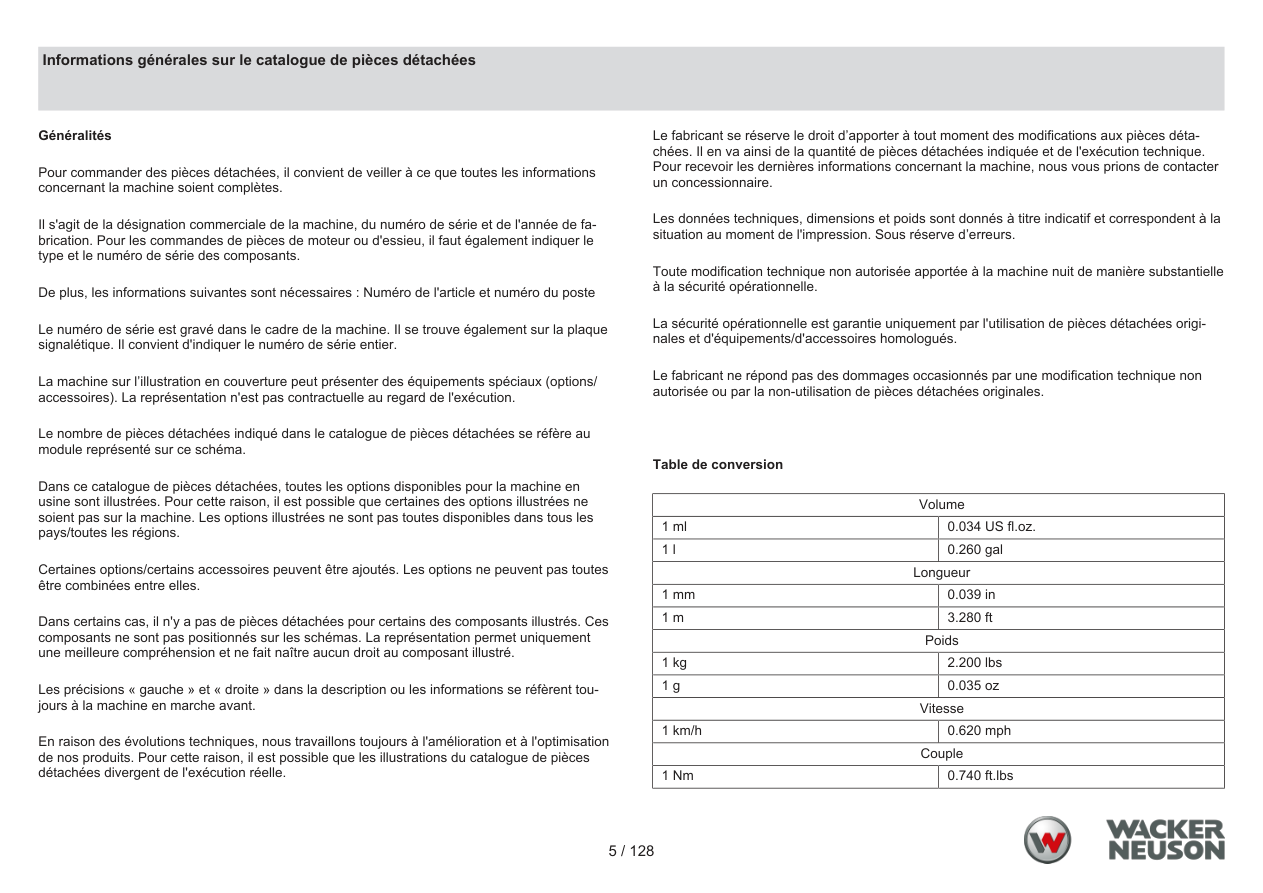 Wacker Neuson RTD-SC4 Roller Informations générales sur le catalogue de pièces détachées parts diagram